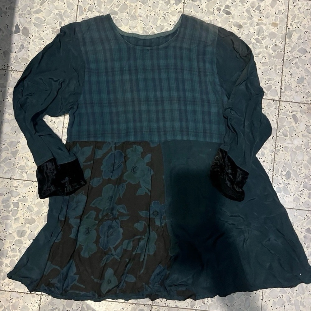 Boho Vintage Rayon Crepe Velvet Sleeve Patchwork Patterns Tunic Green & Black M